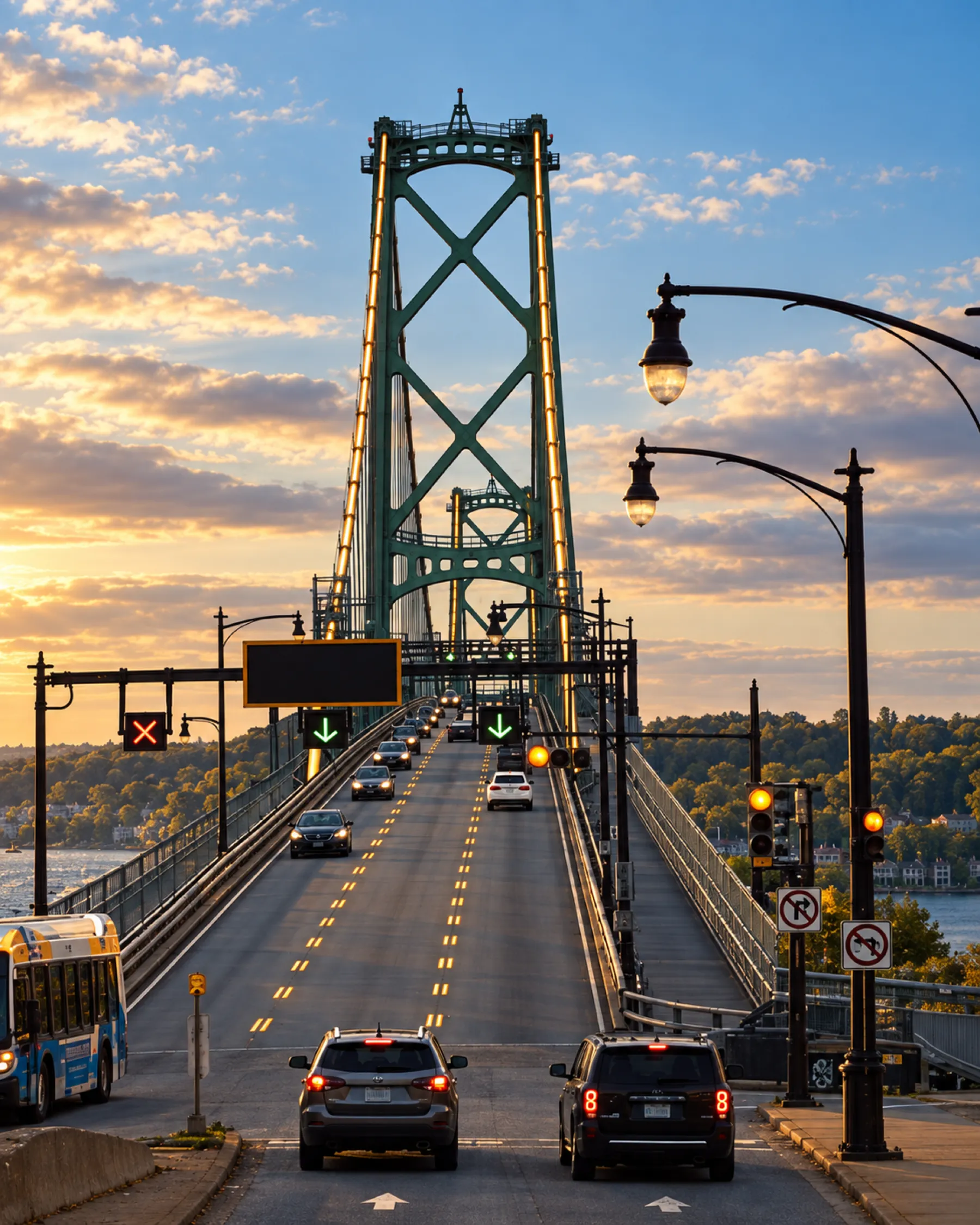 The Macdonald Bridge at sunrise, looking toward Halifax